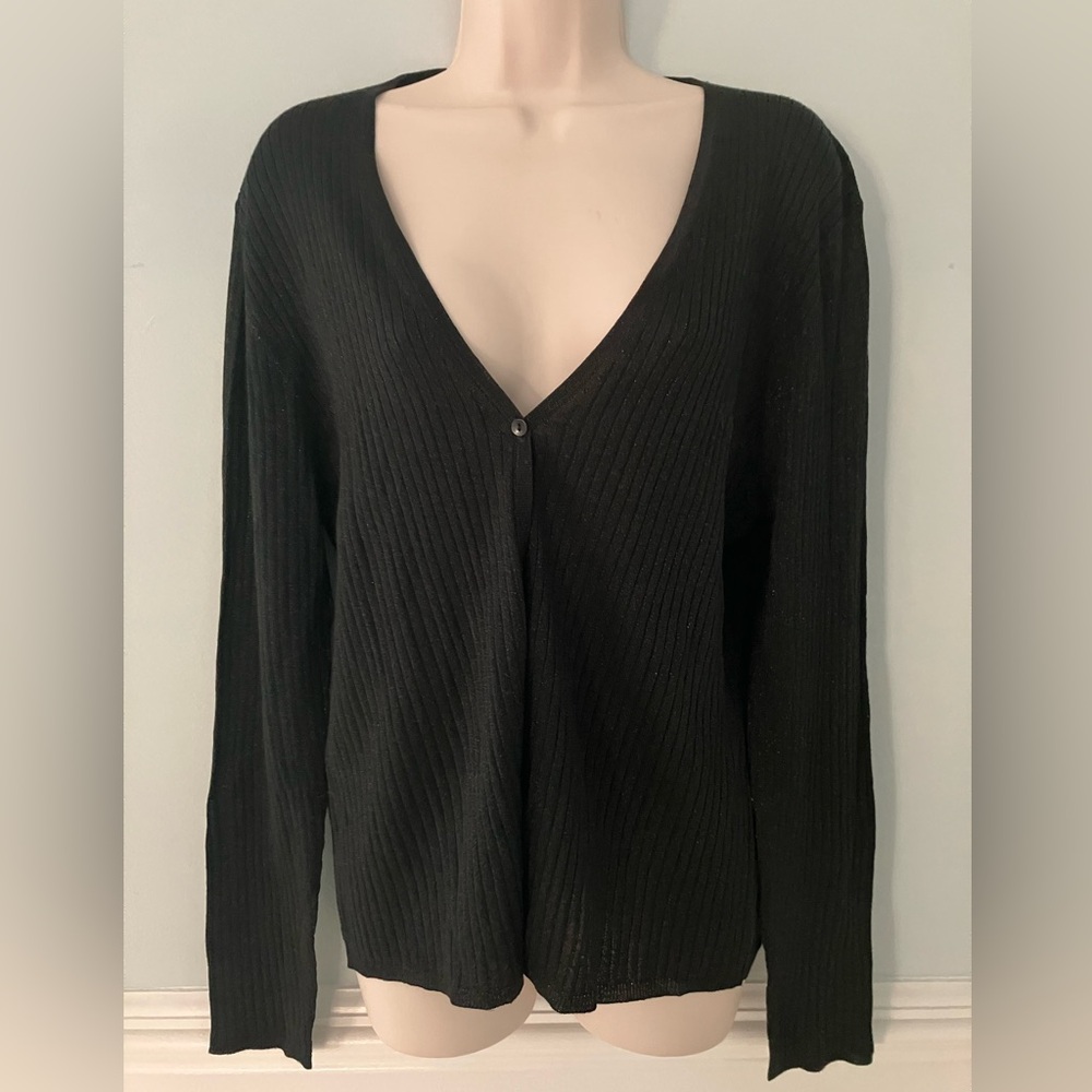 DANIELLE MARTIN Black ribbed silk lurex single button cardigan feminine chic L
